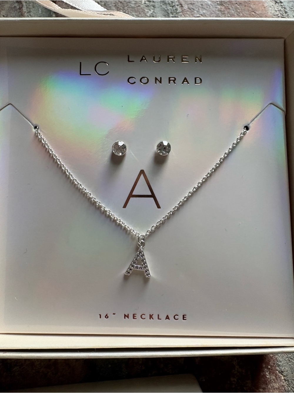 LC Lauren Conrad Silver Initial 'A' Necklace with Crystal Studs